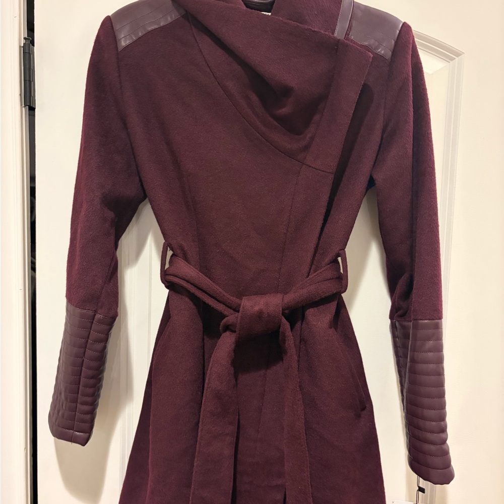 Badgley Mischka Burgundy Coat with Leather Accents NWT - Picture 3 of 13